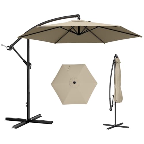AreShark 10FT Patio Outdoor Umbrella Offset Patio Umbrella Cantilever Umbrella 6 Sturdy Ribs Easy Adjustment for Garden Market Pool with Cross Base (Beige)