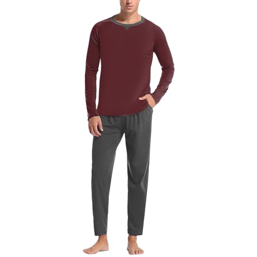 Mens Pajamas Set Cotton Lightweight Sleepwear Pjs Long Sleeve Crew Neck Shirts And Bottoms Soft Comfy Sleep Sets