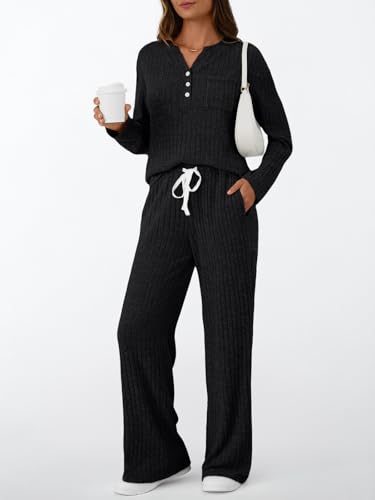 LILLUSORY Women's 2 Piece Lounge Sets 2026 Henley Top & Drawstring Wide Leg Pants with Pockets
