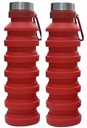 Image of we3 Collapsible Water Bottle, 550ml Reusable Silicone Light Water Bottles for Travel Outdoor Portable Leakproof Drinking Bottles with Carabiner (Red, Pack of 2)