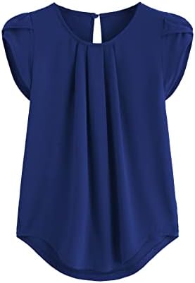 Milumia Women's Casual Round Neck Basic Pleated Top Cap Sleeve Curved Keyhole Back Blouse Dark Blue Small