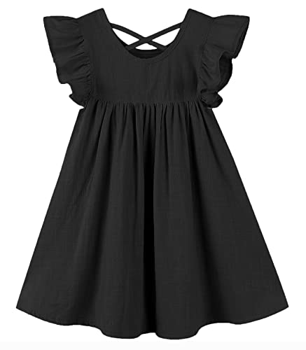 GSVIBK Girls Linen Cotton Dress Flutter Sleeve Back Cross Dress Toddler A-Line Skater Dress Baby Girl Halter Casual Sundress2