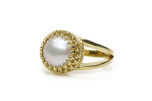 Bague en perle d'eau douce 10 mm bague pierre précieuse or massif 14 carats