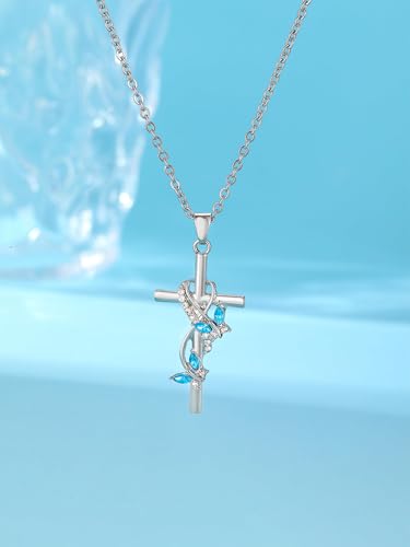 1 PC Sterling Silver Bow Cross Pendant Necklace Adorned with Charming Blue Gemstones for Women4