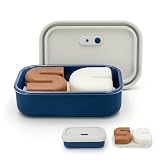 AIDIMMING Enhanced Leak Proof Travel Case with Lid, Large Silicone Container for Traveling,Shampoo Bar Holder, Soap Dish with Draining Layer, Bar Soap Caddy (Offwhite & Blue)