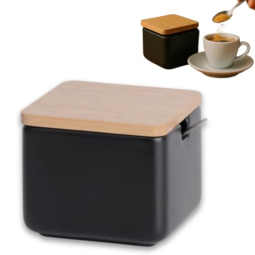 KOOK TIME Azucarero original - cerámica con tapa de madera de Bambú y Cucharilla de acero inoxidable - Uso ideal como azucarero y salero - Medidas: 10 x10 x 9 cm. - color: Negro