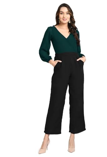 Image of V&M Women's Black V-Neck Jumpsuit | Full Sleeve Straight-Leg One-Piece with Side Pockets | Elegant Western for Office, Party & Evening Outfits
