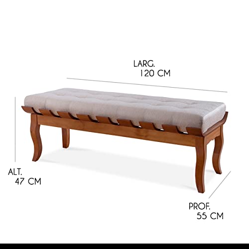 Recamier Decor Isabela 120 Cm Retrô Pés Luiz XV Banco Estofado Madeira Maciça Linho Bege M58 - RMI