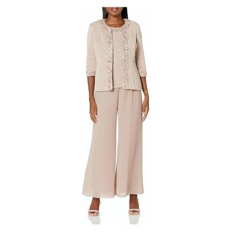 Le Bos Women's Elegant 3-Piece Georgette Pant Set with Sequin Embroidered Trim, Almond Cover