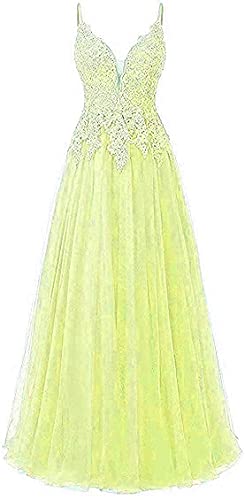 Vantexi Damen Spaghetti-Trägern Tüll Formelles Abendkleid Spitze Applique Sweet 16 Party Ballkleider Gelb Größe 32 Cover