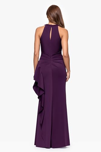 Image of Xscape Evenings Women's Long, Bodycon Low-Sheen Cross Front Halter Neck Evening Dress with Ruching & Ruffle Detail