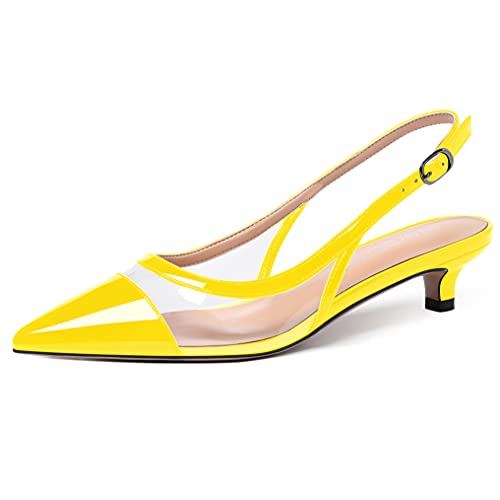WAYDERNS Women's Patent Leather Transparent Clear Pointed Toe Patchwork Ankle Strap Slingback Low Kitten Heel Pumps Shoes 1.5 Inch