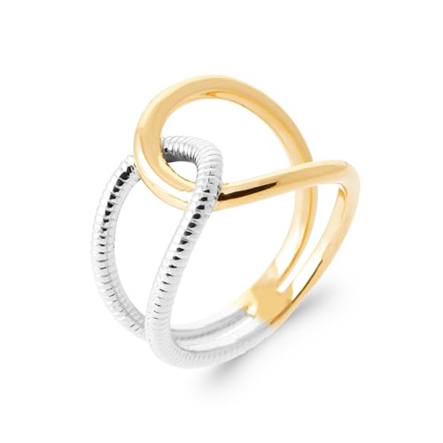 Bague double rang ajourée et croisée en plaqué or bicolore 15 mm