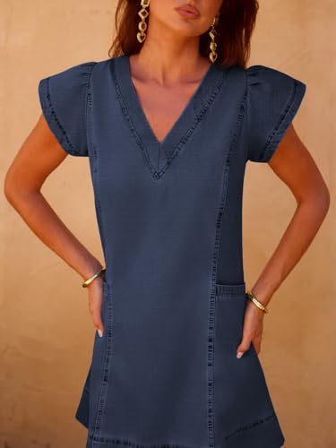 YUNDAI Womens Denim V-Neck Short Sleeve Mini Dress with Pockets Summer - image 4