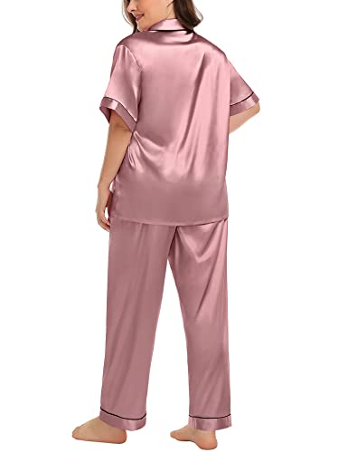 Image of SWOMOG Women's Plus Size Pajamas Silk Satin Pajama Set Short Sleeve Shirt with Full-Length Pants Pjs Sleepwear Set 18W-26W