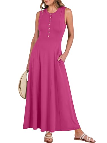 ANRABESS Women Summer Casual Sleeveless Maxi Sundress Button Fit & Flare A-Line Flowy Long Dresses 2026 Beach Outfits Hot Pink Medium