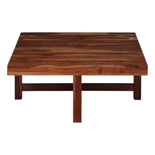 Image of Solid Sheesham Wood Square Coffee Table with 4 Stools | Centre Table with Stool for Living Room | Brown Finish | Table: 90cm x 90cm x 45cm, Stool: 40cm x 40cm x 10cm