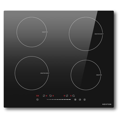 NOXTON Placa de inducción 4 fuegos con deslizador 60 cm, control deslizante y táctil, boost, temporizador, bloqueo para niños, 9 niveles de potencia