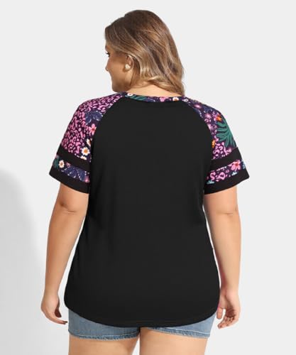 Image of CARCOS Plus Size Tops for Women Short Sleeve Summer Pullover Color Block Crewneck /V Neck Tee Tunic Loose Fit Tshirts XL-5XL