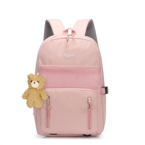 Mochila grande universitária coreana impermeável e durável com bolso + ursinho de pelúcia (Rosa (2040))