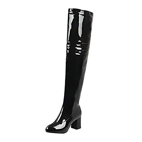 LUXMAX Womens Stretchy Over Knee Patent Leather Thigh High Stacked Chunky Heel Boots