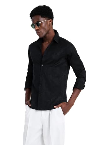 Image of SNITCH Men Shirt | Slim Fit Long Sleeve Spread Collar Jacquard Leaf Pattern | Premium Polyester Cotton Blend & Breathable Fabric for Elegant Events