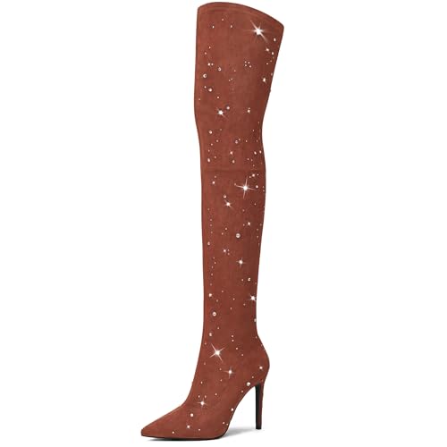 MUCCCUTE Thigh High Suede Boots for Women - Over The Knee Rhinestone Boots Pointed Toe Stiletto High Heel Side Zipper Tall Brown Boot US Size 7