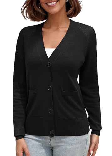 Women's Long Sleeve V-Neck Lightweight Cardigan Sweater Open Front Button Down Knit Sweaters with Pockets