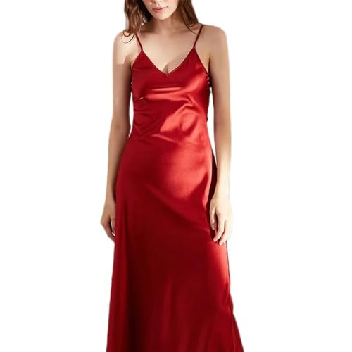 Vestido de Seda con Cuello en V, Vestido Elegante de Fiesta sin Tirantes, Vestido de Espagueti de Seda Pura 6A, Vestido de Noche Vino Rojo-XL