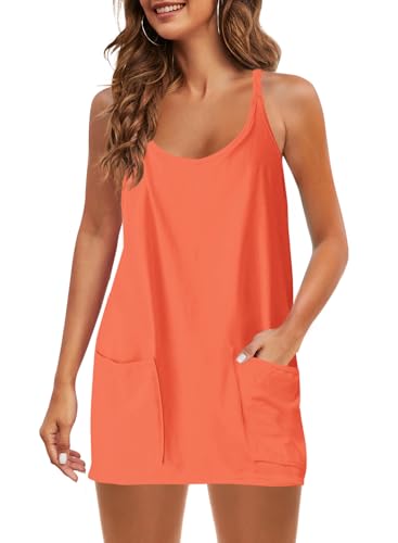 Image of Panadila Womens Summer Sleeveless Mini Dress V Neck Spaghetti Strap Sundress Athletic Short Dress with Pockets
