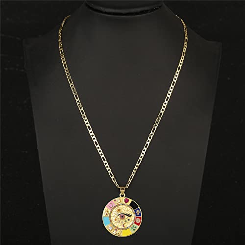 kelistom 14K Gold Plated Round Evil Eye Necklace for Women Men Boho Enamel Zircon Inlay ojo Hamsa Turkish Greek Evil Eye Pendant Necklaces| 3mm Figaro Chain Necklace3