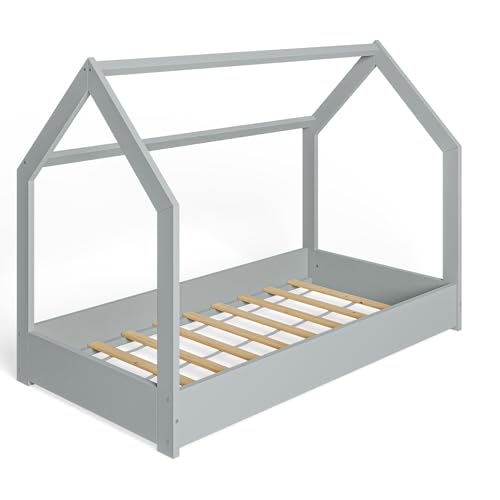 MS FACTORY Cama Infantil de Madera Pino - Cama Montessori Forma de Casa 80x160 cm para Niño y Niña - Lamas Somier - Gris