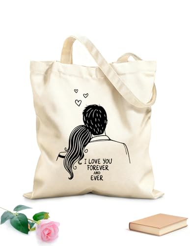 Design unico: questa borsa tote in tela di cotone presenta Ti amerò per sempre e per sempre Ragazzo e ragazza romantici Con questo tema, i design stampati di alta qualità emanano un tocco artistico. Offriamo un'opzione di personalizzazione gratuita: puoi scegliere i colori del motivo o la tua foto preferita. Contattaci per personalizzare una tote bag unica.
