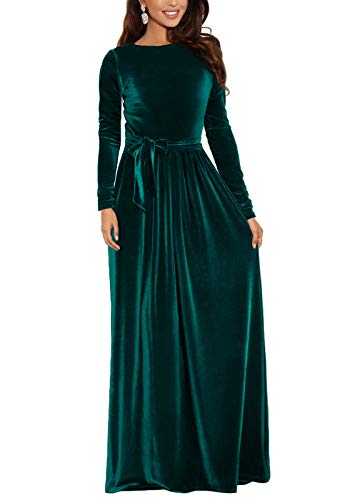 Zattcas Womens Velvet Maxi Dress Elegant Winter Christmas Long Sleeve Maxi Dress Dark Green Large