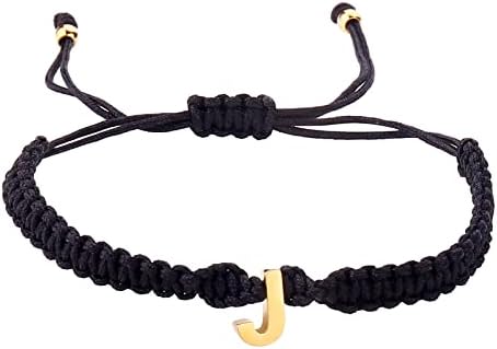 Dainty Stainless Steel Initial A-Z Letter Charm Bracelets for Men Women Teen Girls Handmade Adjustable Rope Braided Jewelry Personalized Birthday Gifts (J-Black)