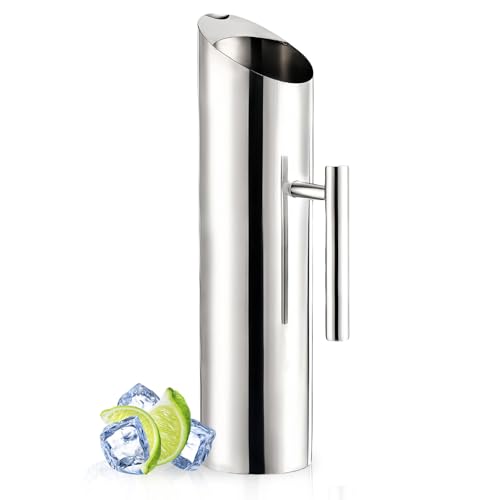 Stainless Steel Water Pitcher Water Jug with Handle & Ice Guard - Silver Carafe for Hot & Cold Water, Beverages, Tea, Milk, Juice, Wine, Cocktail - Home, Kitchen, Hotel Use (2L/67oz)