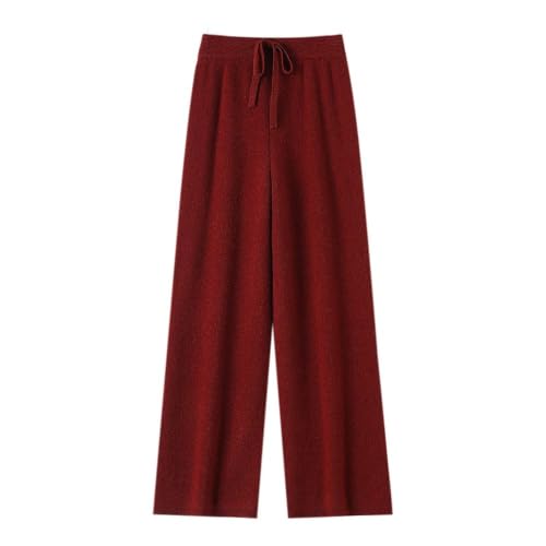 Women's Wide Leg Knit Pants Elastic Waist Relaxed Office Trousers (Angola Red,Large)