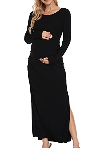 Smallshow Women's Split Maternity Dress Long Sleeve Ruched Pregnancy Clothes Medium Black