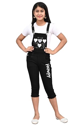 Image of FNOCKS Girls Dungaree Casual Wear Slim FIT Trendy Denim Capri Dungaree (Black)