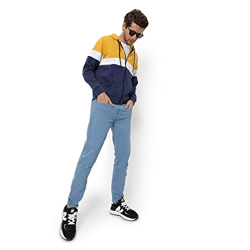 Image of CAHOOT Men's Dark Blue Zip-Front Hoodie with Contrast Drawstring for Casual Wear | Long Sleeve | Hooded Neck | Zipper Closure | Cotton Sweatshirt Crafted with Comfort Fit for Everyday Wear