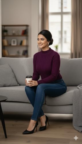 Image of Winter Woolen Blouse for Women | Stretchable Winter Wear Full Sleeve Round Neck Pullover | Geometry Knitted Design | Free Size Up to 38 Bust Thermal Wool Blouse Purple