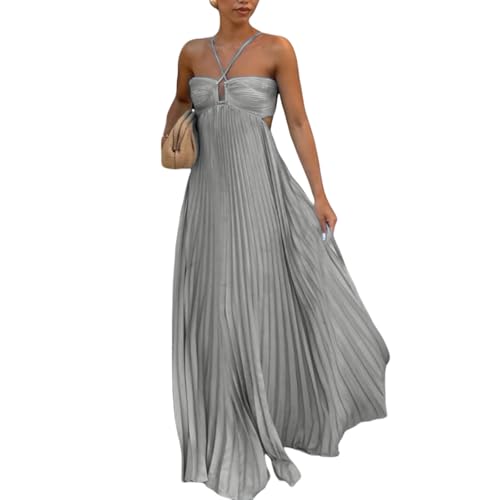 Women's Backless Sexy Deep V Neck Long Sundress Elegant A-Line High Waist Spaghetti Strap Dress Bohemian Style (Silver Gray,Small)