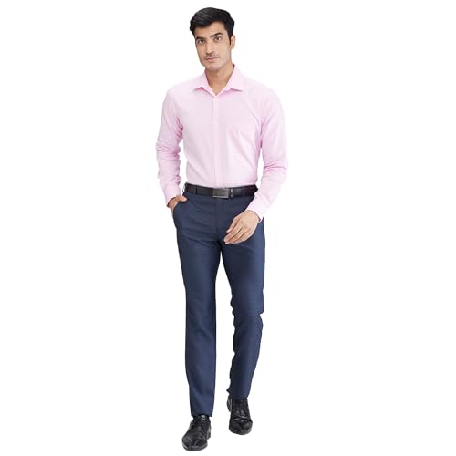 Image of Raymond Men's Slim Fit Formal Trousers, Poly Viscose Blend, Structure Pattern, Flat Front | Dark Blue