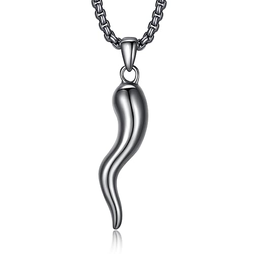 925 Sterling Silver Italian Horn Cornicello Lucky Necklace with Stainless Steel Chain 22
