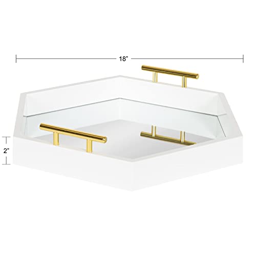 Image of Kate and Laurel Lipton Modern Hexagon Mirrored Tray; 18 x 18; White and Gold; Midcentury Decorative Serving Tray for Storage and Display