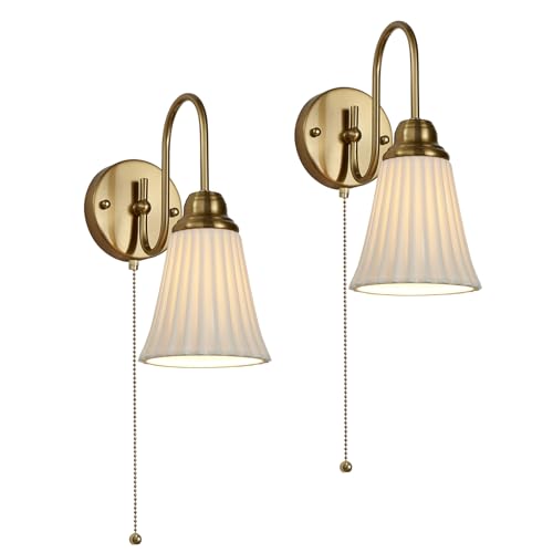 Image of Hardwired Wall Sconces Wall Lighting Set of 2, Modern Ceramic Gold Wall Sconce Light with Pull Chain Switch, Indoor Bedside Wall Lamp Light Fixture for Living Room Bedroom Kitchen Home Office Hallway
