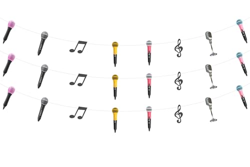 Wonmelody Karaoke Party Decorations 3Pcs Karaoke Garlands Microphone Music Note 80S Music Microphone Theme Garlands Guitar Rock and Roll Party Supplies for Music Karaoke Singer Birthday