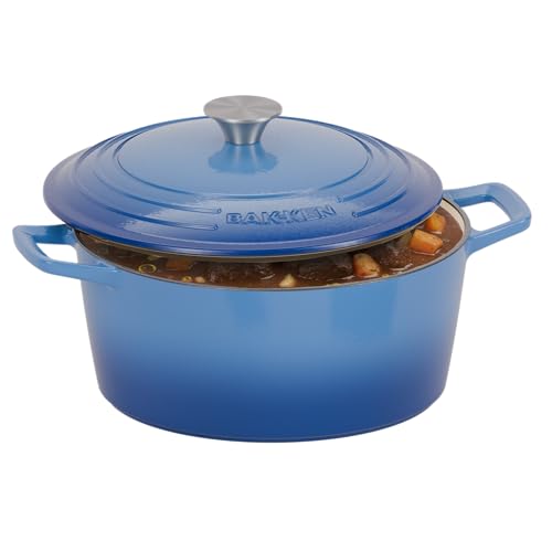 Image of Bakken Enameled Cast Iron Dutch Oven Pot, 6QT Dutch Oven for Bread Baking, Braising & Roasting, Kitchen & Campfire Cooking, Moisture-Locking Lid, Oven Safe Up To 500F, Works on All Cooktops, Blue
