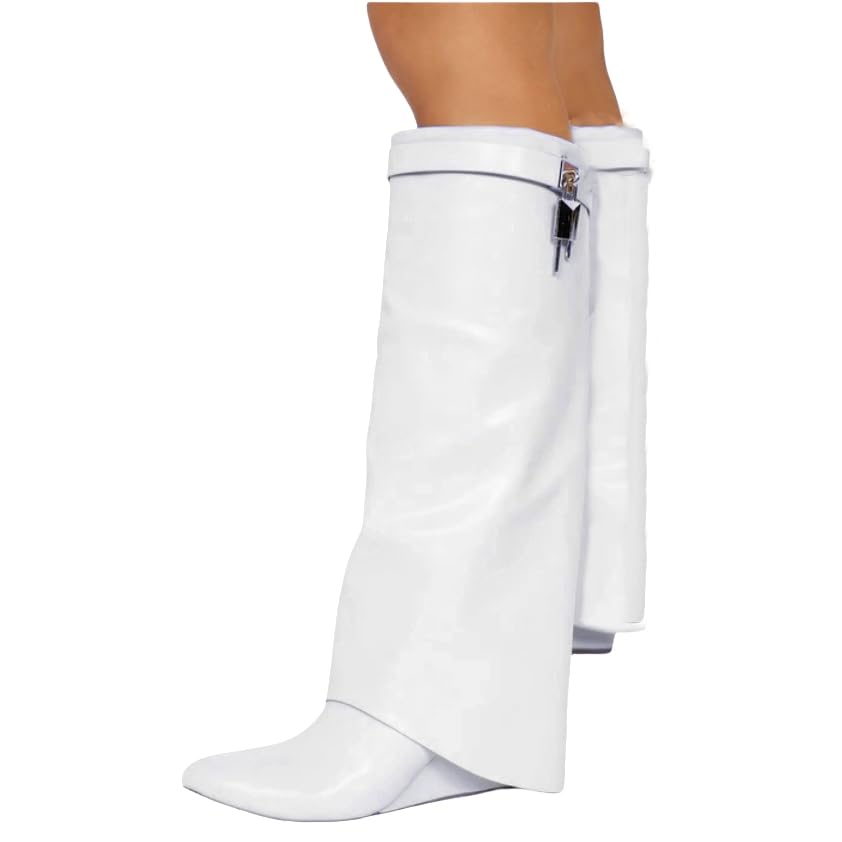 Image of keleimusi Fold Over Wedge Boots Heeled PadLock Pant Knee High Shoes Tall /Short Booties