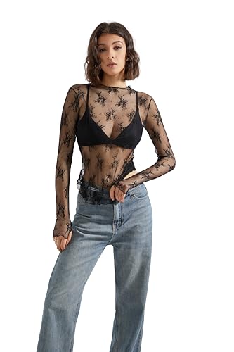 SUUKSESS Women Sexy Mesh Sheer Long Sleeve Tops Mock Neck Going Out Lace Shirts2